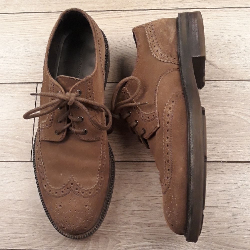 ERMENEGILDO ZEGNA Tan Brown Suede Leather Sz 7.5 Wingtip Mens Dress Shoes RECENT